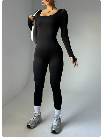 Women’s One-Piece Yoga Jumpsuit – Black Long-Sleeve Bodysuit, Sexy Streetwear & Casual Sportswear