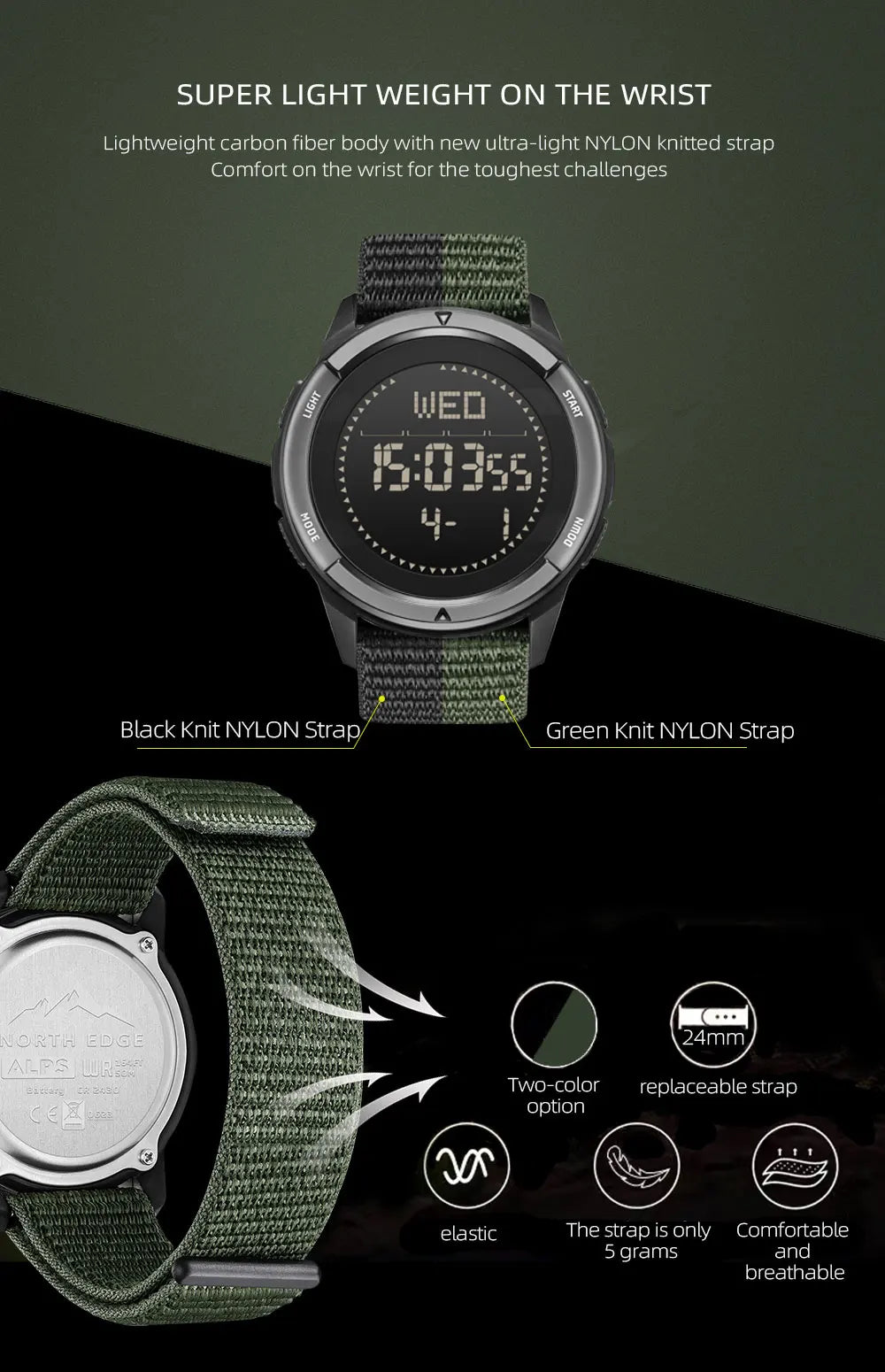NORTH EDGE ALPS 45MM Men's Outdoor Sports Watch Waterproof Compass Metronome Carbon Fiber Case Nylon Strap