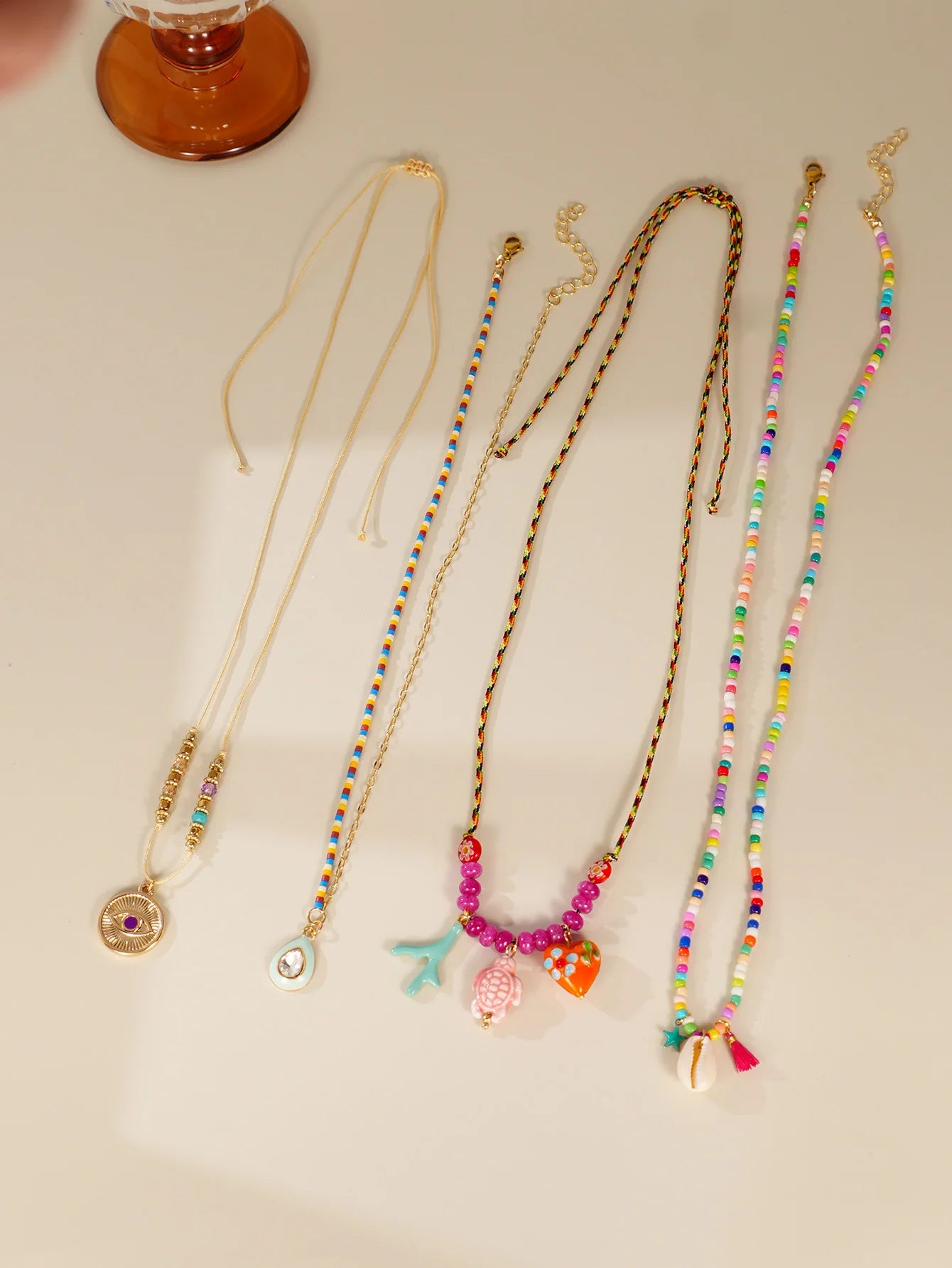 4pcs Bohemian Charm Necklace Set - Ethnic Devil’s Eye, Love Turtle Ceramic Pendant Multi Layer Party Jewelry
