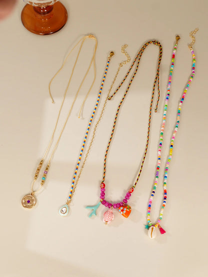 4pcs Bohemian Charm Necklace Set - Ethnic Devil’s Eye, Love Turtle Ceramic Pendant Multi Layer Party Jewelry