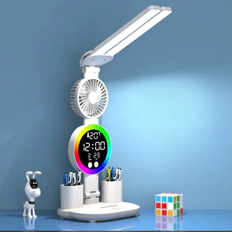 LED Desk Lamp with Fan & Clock - Adjustable Brightness Reading and Study Light