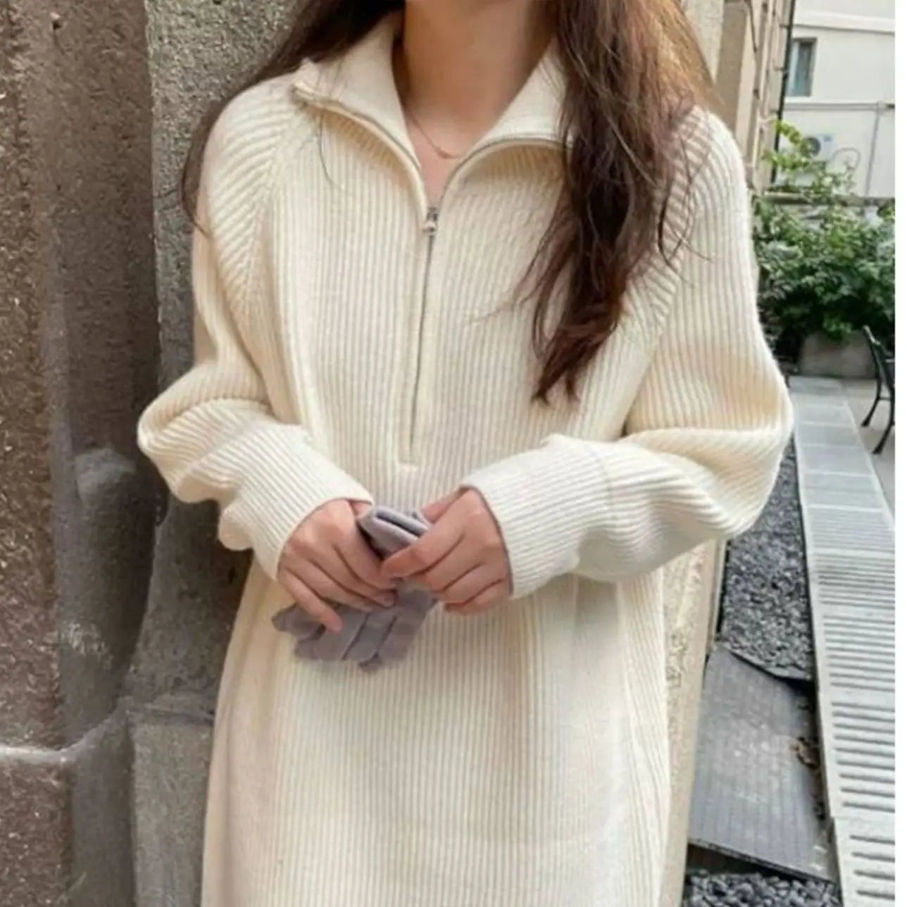 Women’s Lazy Style Over-the-Knee Knit Dress – Mid-Length Lapel Loose Sweater for Autumn Winter