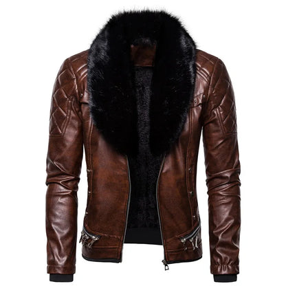 Men's Winter Fleece Motorcycle Jacket - Fur Collar Slim Fit Warm PU Leather Biker Bomber Coat