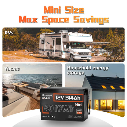 Humsienk 12V 314Ah LiFePO4 Battery - 4019Wh Deep Cycle Power with 200A BMS for RV, Camper, Cabin & Solar Energy Storage