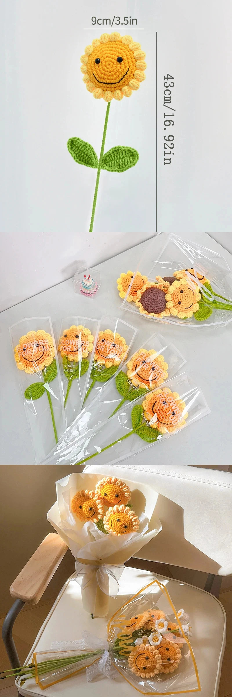 Hand-Woven Sunflower Bouquet – Creative Wool Knitted Flowers for Decorations, Teacher’s Day, Mother’s Day & Birthday Gifts
