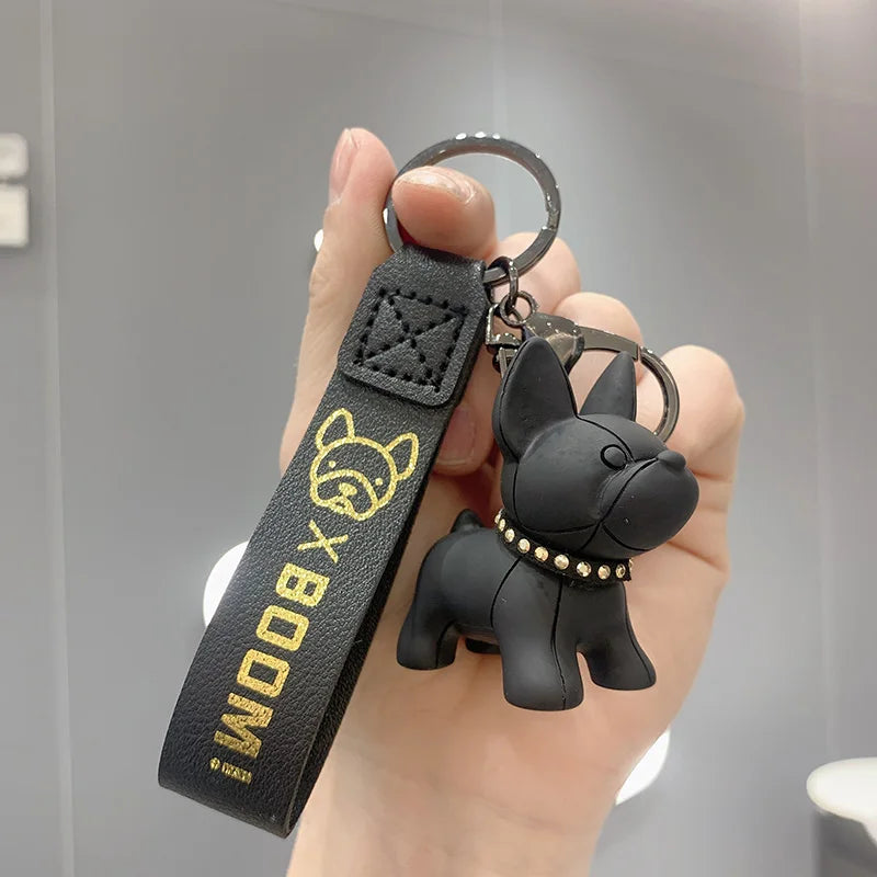 French Bulldog Keychain - Punk Style PU Leather Bag Pendant for Women & Men, Car Key Ring