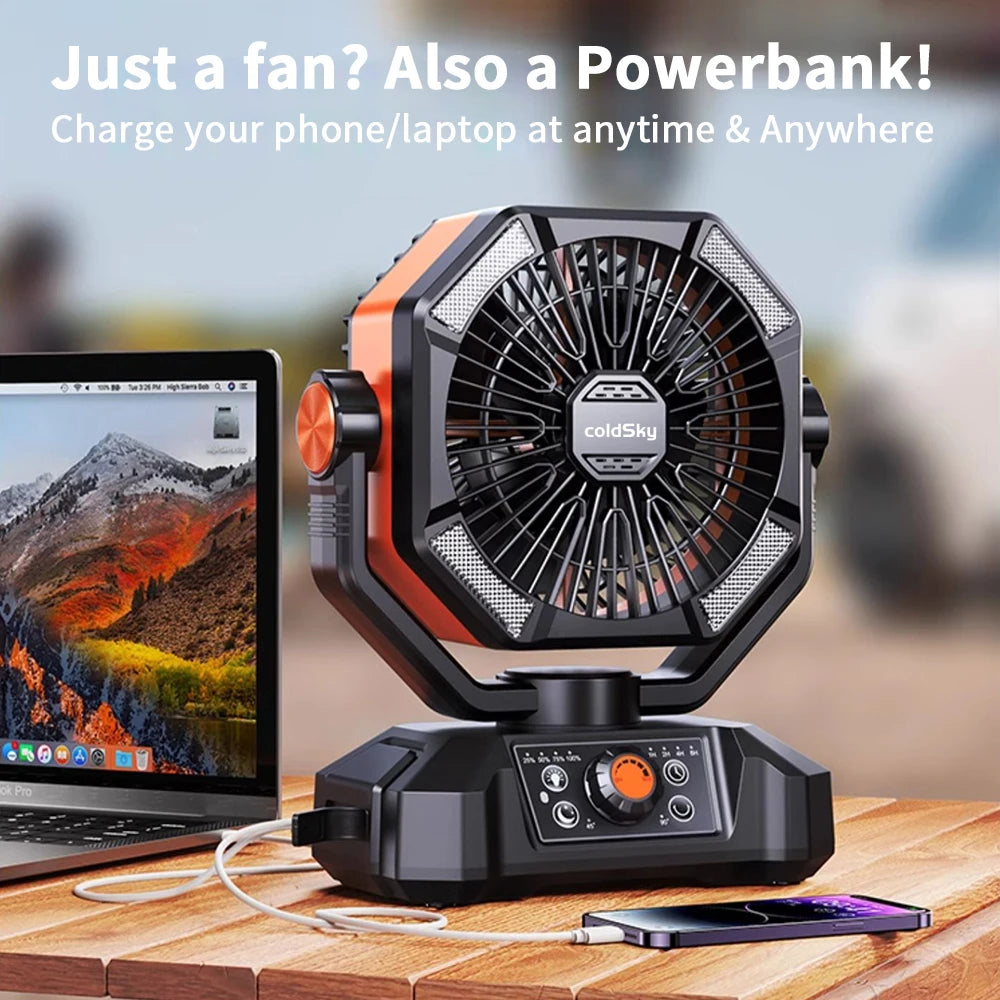 coldSky Portable Camping Fan — 4 LED Lanterns, 8 Speeds, 20000mAh Battery for Outdoor Use
