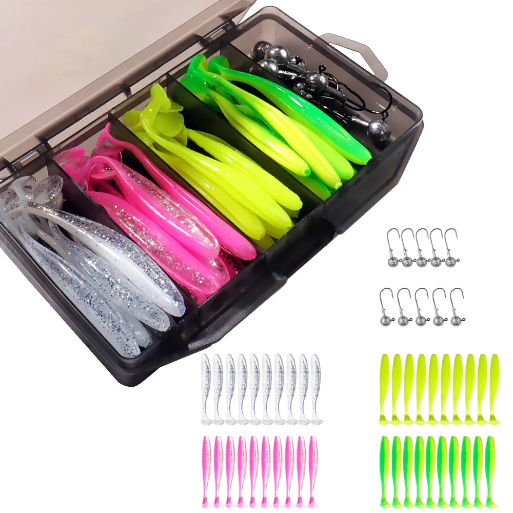 50PCS Metal Jig Fishing Lure Set – Soft & Sinking Swimbaits 3g–14g (5.5–10cm) Jigging Head Hooks in Tackle Box for Bass Fishing