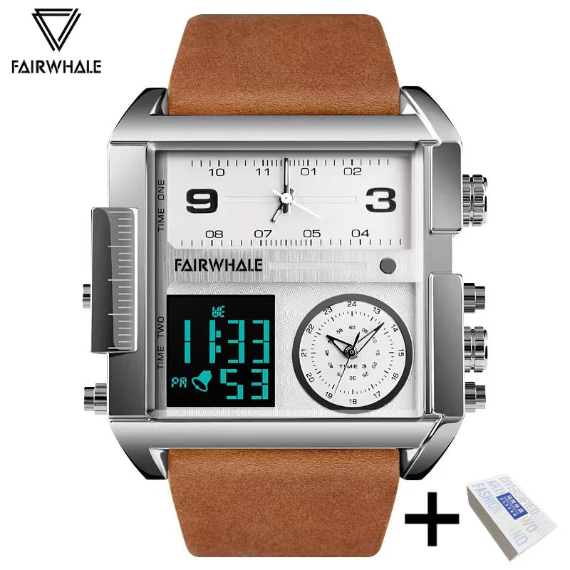 Mark Fairwhale Luxury Men’s Quartz Watch - Brown Leather Strap Military Waterproof Square Wristwatch