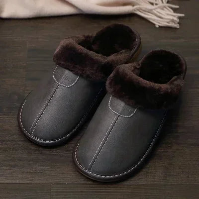 Men & Women Winter PU Leather Slippers — Black Waterproof Indoor Home Shoes, Warm Cozy House Slippers