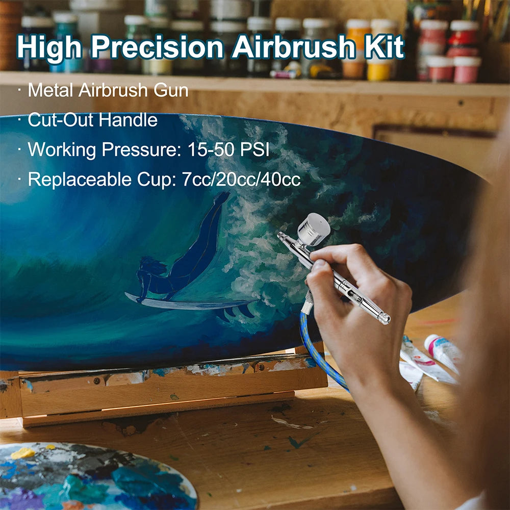 Dual-Action Gravity Airbrush Kit with 0.2/0.3/0.5mm Needles, 7/20/40cc Cups & Cleaning Tools for Makeup, Nail Art, Painting & Car Detailing