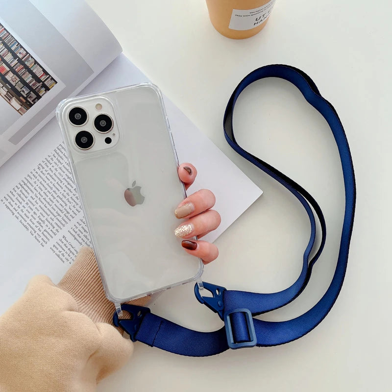 Crossbody Shoulder Strap Phone Case - Transparent Shockproof Cover for iPhone 17 Air, 16, 15, 14, 13 Pro Max & More