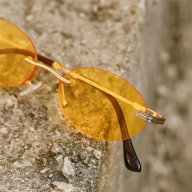 Retro Oval Rimless Sunglasses – Blue Mirror Gold Metal UV400 for Men & Women