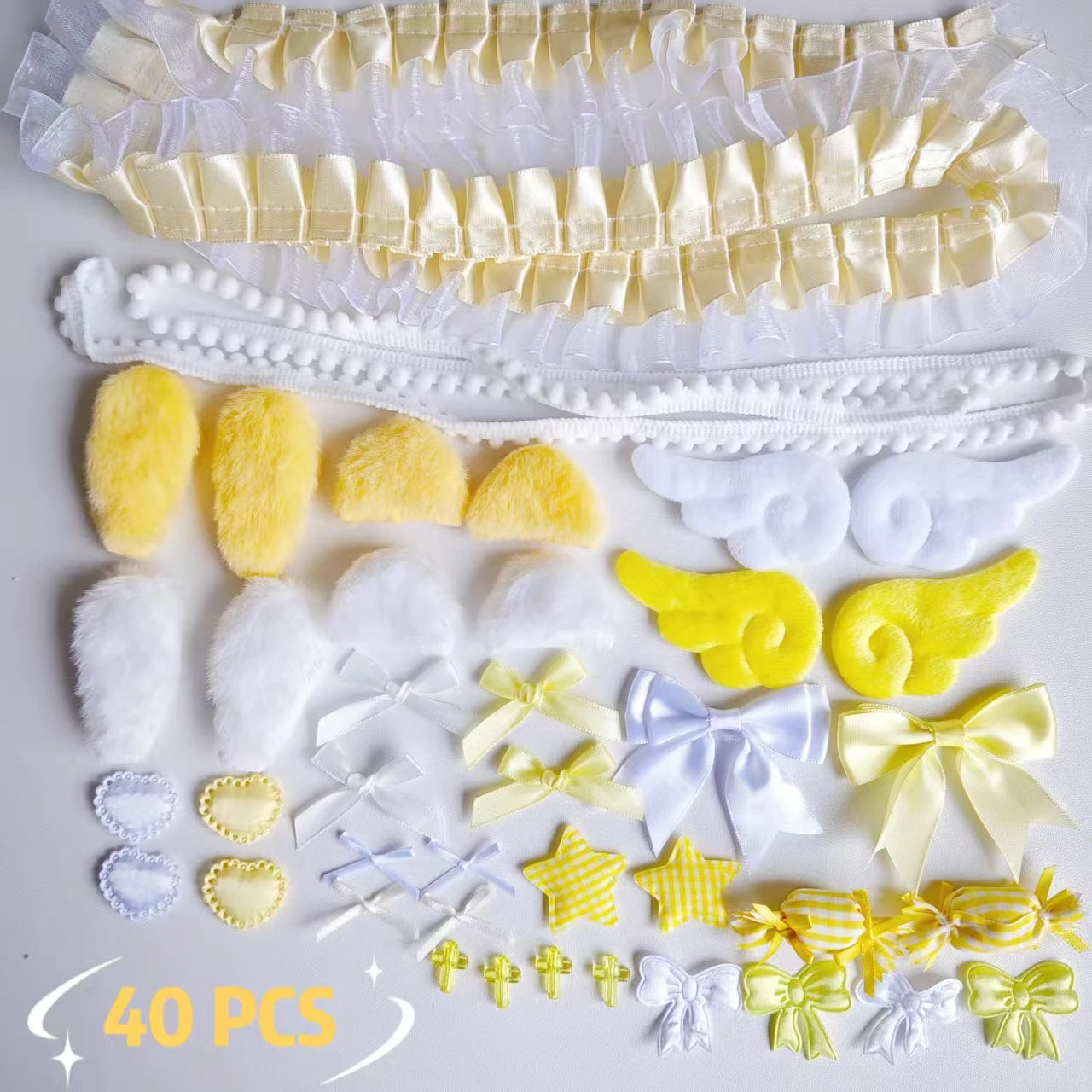40Pcs Lace Handmade Craft Kit - Plush Bunny Ears Angel Wings Heart Star Clothing Accessories Set