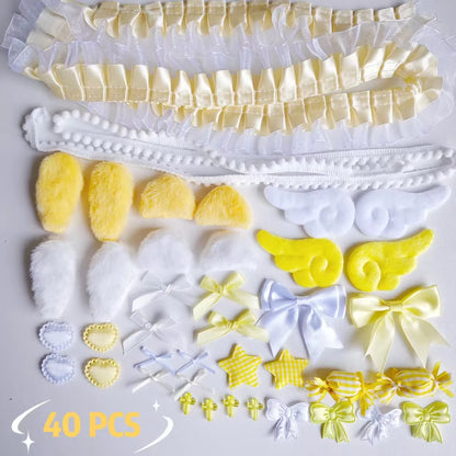 40Pcs Lace Handmade Craft Kit - Plush Bunny Ears Angel Wings Heart Star Clothing Accessories Set