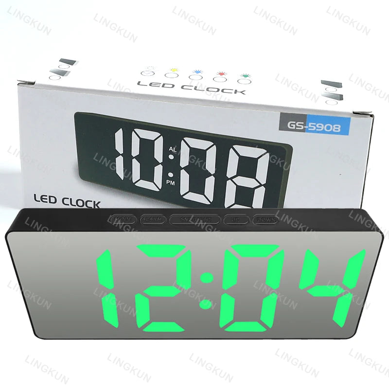 Noiseless LED Mirror Alarm Clock — Large Digital Display Silent Electronic Clock