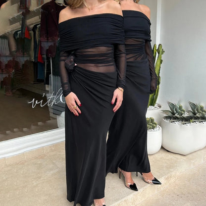 Tuularose Sexy Mesh Hollow Long Dress - One Shoulder Long Sleeve Patchwork Resort Gown for Summer Party & Evening Wear