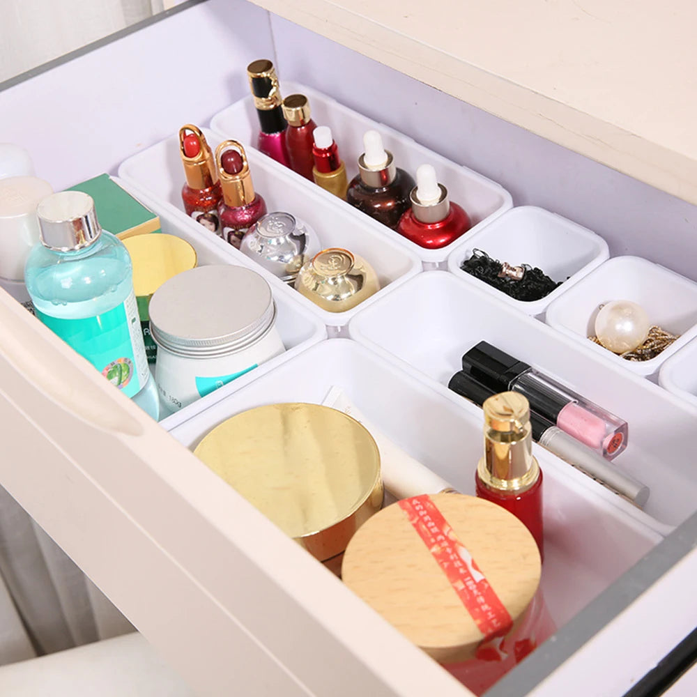 8Pcs Adjustable Drawer Organizer Set – Multi-Purpose Storage Trays for Makeup, Cosmetics, Jewelry, Kitchen & Bathroom Dividers