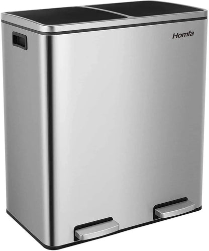 60L Dual Compartment Kitchen Step Trash Can – Hands-Free, Soft-Close Lid, Brushed Stainless Steel