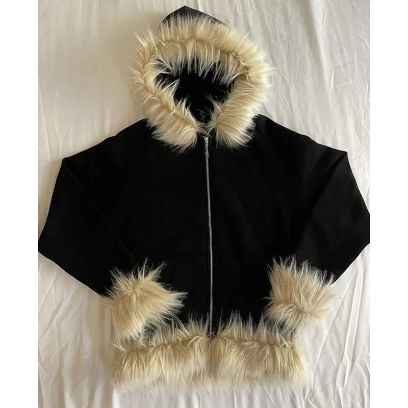 Casual Y2K Zip-Up Hoodie – Faux Fur Collar Harajuku Streetwear Rock Goth Punk EMO Sweatshirt Jacket