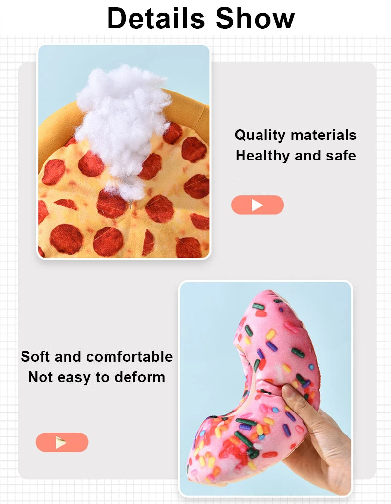 Plush Dog Toy in Doughnut & Pizza Shape – Squeaky Chew Toy for Small & Large Dogs, Teeth Cleaning Puppy Toy