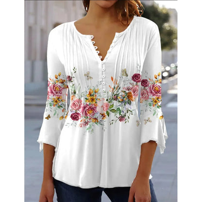 2024 Trendy 3D Printed Women’s Blouse Shirt – V Neck Button-Up 3/4 Sleeve Elegant Spring Summer Fashion Top