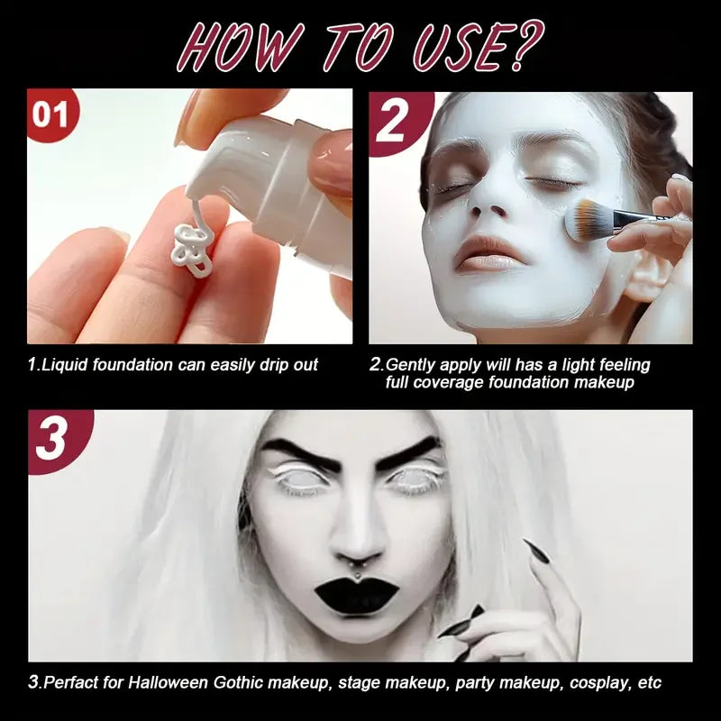 White Liquid Foundation - Full Coverage Long-Lasting Matte Makeup for Goth Looks and Cosplay