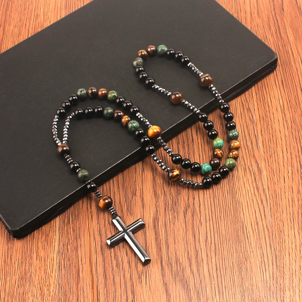 Natural Stone African Turquoise & Tiger Eye Rosary Necklace – Beaded Cross Pendant Religious Jewelry for Men & Women Spiritual Gift