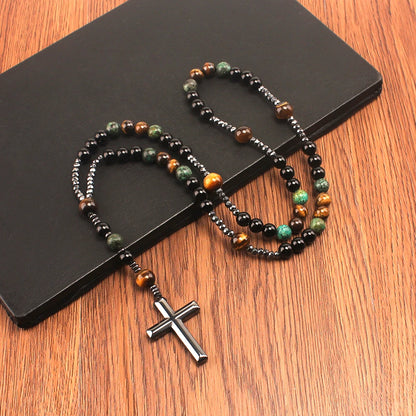 Natural Stone African Turquoise & Tiger Eye Rosary Necklace – Beaded Cross Pendant Religious Jewelry for Men & Women Spiritual Gift