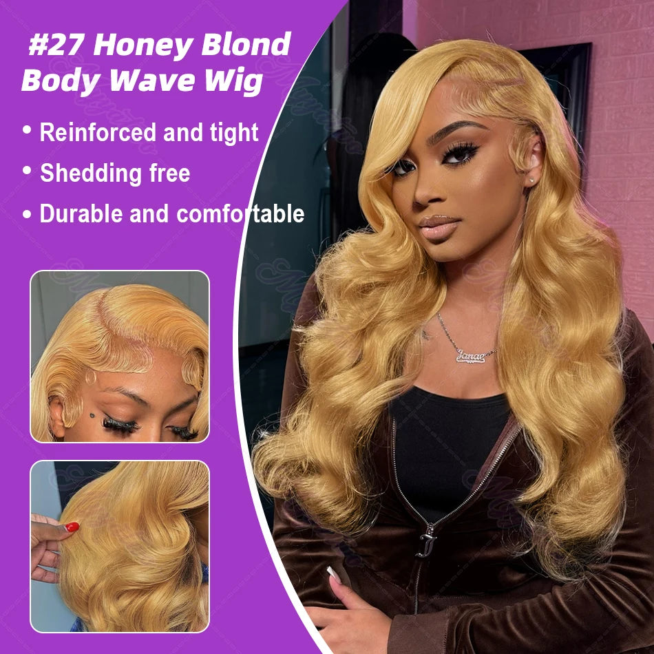 Brazilian #27 Honey Blonde Body Wave Wig – 30-34 Inch, 13x4 Lace Front, HD Transparent Lace Frontal, 200% Density for Women