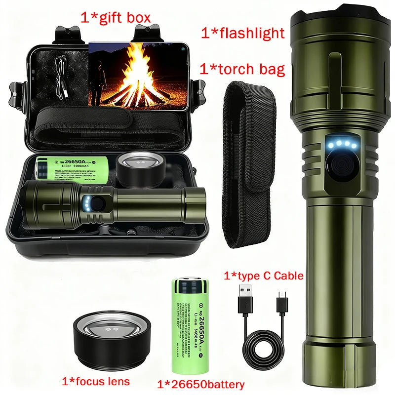 Flashlight Lighter & Power Bank - Rechargeable 5-Mode Zoomable LED Torch for Camping & Emergencies