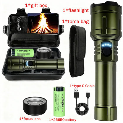 Flashlight Lighter & Power Bank - Rechargeable 5-Mode Zoomable LED Torch for Camping & Emergencies