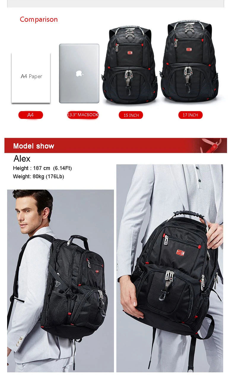 Swiss Multifunctional 17 Inch Laptop Backpack – Durable Travel Bag with USB Charging Port, Water-Resistant College Bookbag