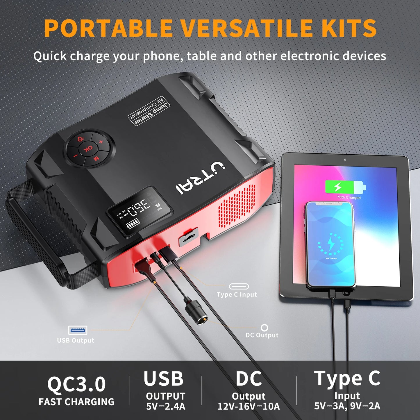 UTRAI 4-in-1 Car Jump Starter Power Bank - 2000A Battery Booster with 16000mAh Capacity, 150PSI Air Compressor Tire Inflator & Portable Charger