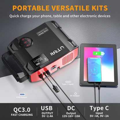 UTRAI 4-in-1 Car Jump Starter Power Bank - 2000A Battery Booster with 16000mAh Capacity, 150PSI Air Compressor Tire Inflator & Portable Charger