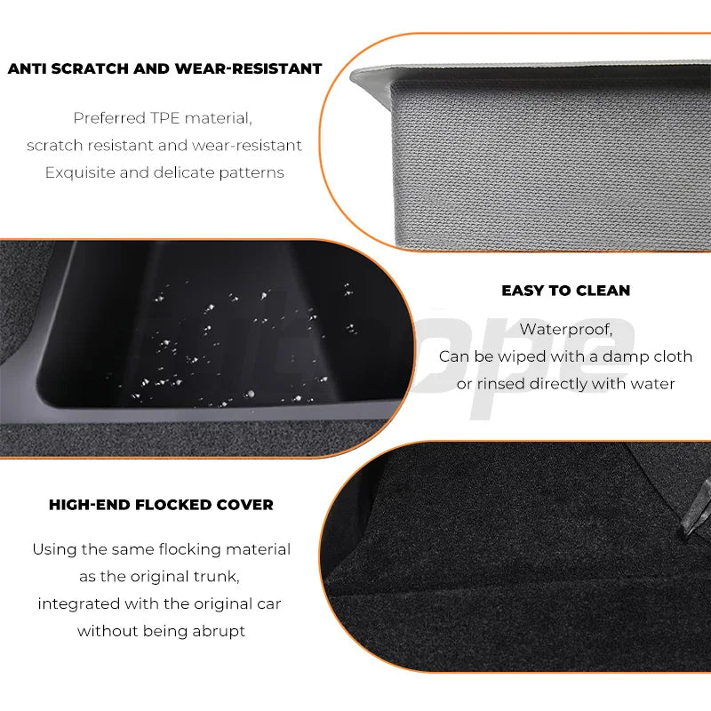 Futhope Car Trunk Side Storage Box for Tesla Model Y 2018-2024 – Hollow Cover Organizer with Flocking Mat & Partition Board