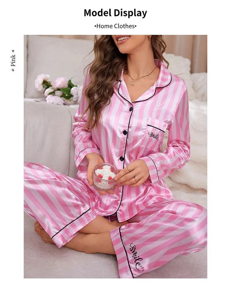 Women’s Stripe Print Satin Pajama Set – Victorian Style Long Sleeve Top & Pants Autumn Sleepwear