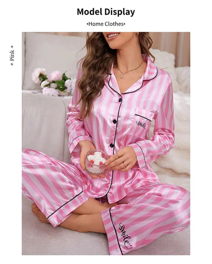 Women’s Stripe Print Satin Pajama Set – Victorian Style Long Sleeve Top & Pants Autumn Sleepwear