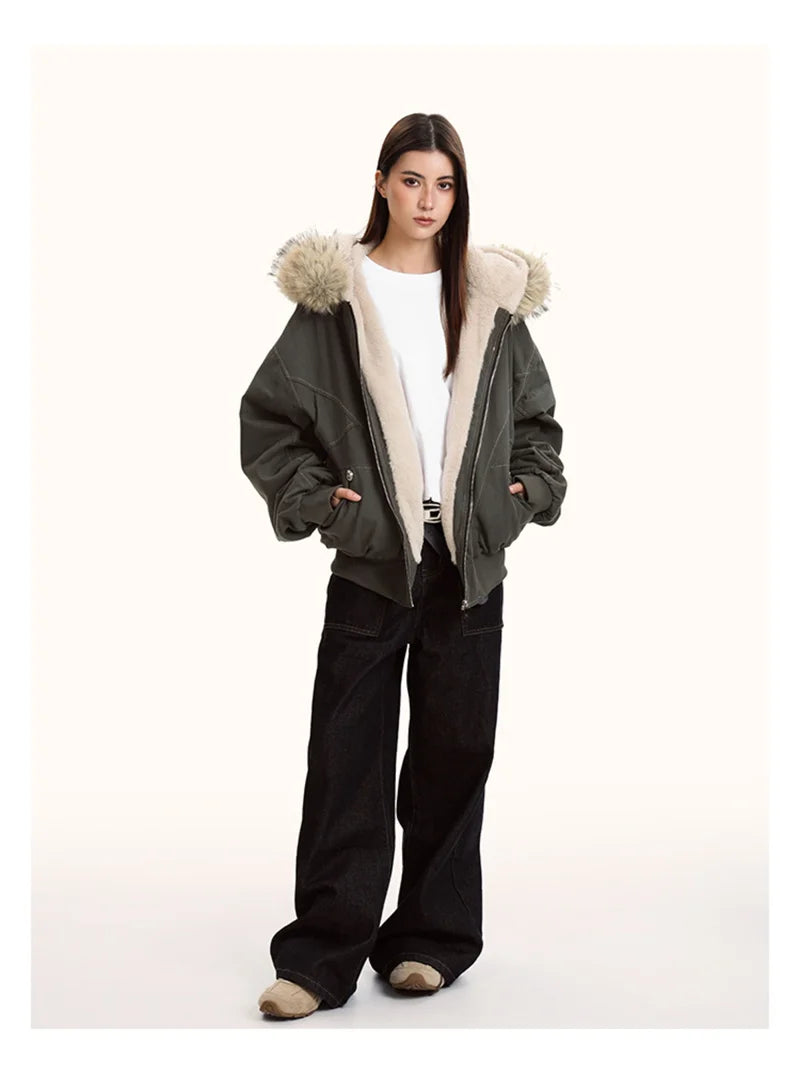 ZAROY Y2K Fur Collar Hooded Parka – Thick Padded Gothic Winter Jacket Streetwear for Men & Women