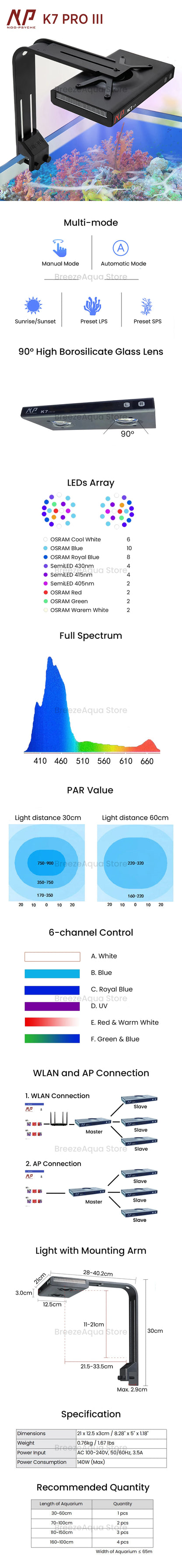 Noopsyche NP K7 Pro V3 III 140W WiFi App Control Full Spectrum LED Light for Coral Reef SPS/LPS Saltwater Aquariums