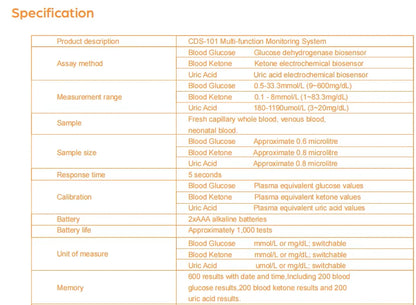 CDS-101 Multifunction Test Strips - Blood Glucose, Ketone and Uric Acid Testing Strips, 50 per Bottle (Meter Not Included)