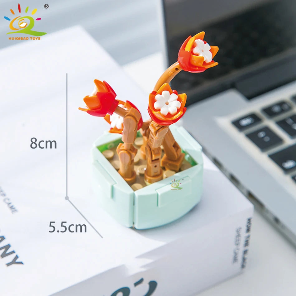 HUIQIBAO MOC Flower & Succulent Potted Building Block Set – DIY Eternal Bouquet, Home Desk Plant Decor, Girls & Kids Toy Gift
