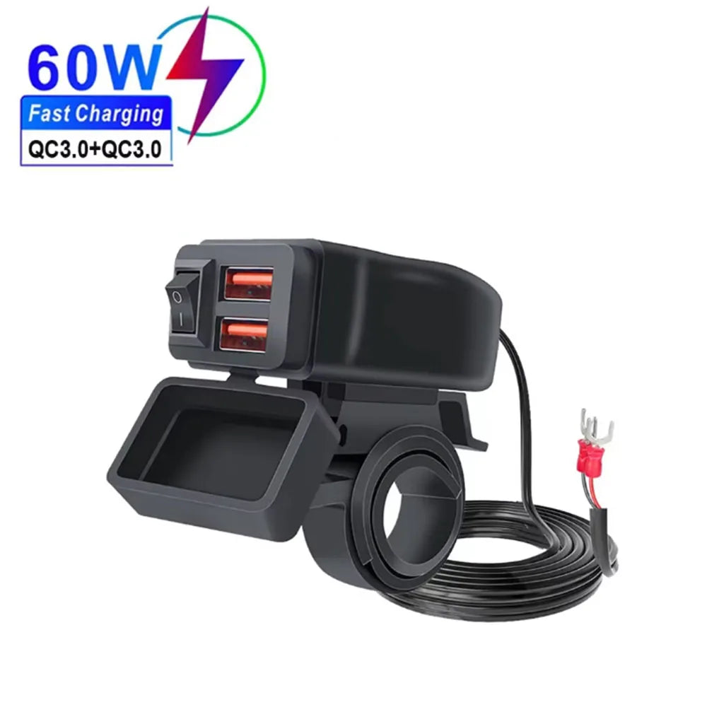 PD QC3.0 Motorcycle USB Fast Charger 60W – Dual USB Handlebar Socket with Switch & Voltmeter Waterproof 12V Power Adapter