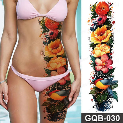 Full Arm Dragon Skull Tattoo Sleeve - Waterproof Temporary Body Art Sticker with Clock Compass Flower Design for Men & Women