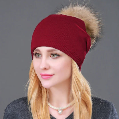 Autumn Winter Knitted Wool Hat for Women – Fashion Pompon Beanie with Genuine Raccoon Fur, Warm and Stylish Cap