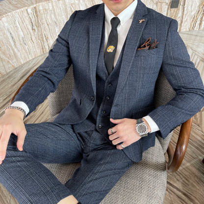Men’s British Korean Plaid Three-Piece Suit – Stylish Business Casual Set with Blazer, Vest & Trousers
