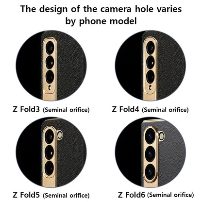 LANGSIDI Leather Case for Samsung Galaxy Z Fold 6/5/4/3 – Gold Plated Magnetic Hinge Cover with Mirror Film & Stand