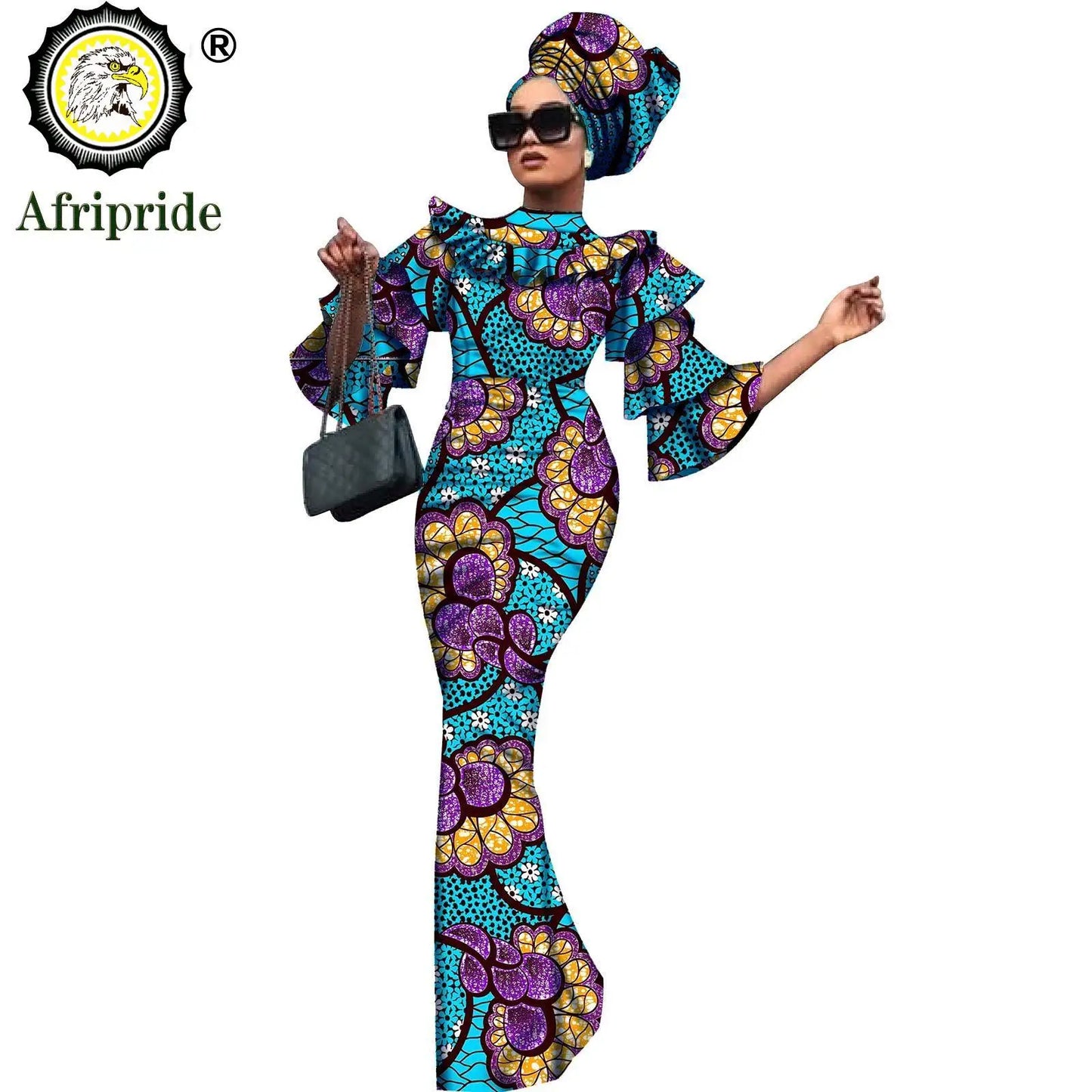 African Bazin Riche 2-Piece Dress Set - Plus Size Bodycon Dress with Headwrap for Women