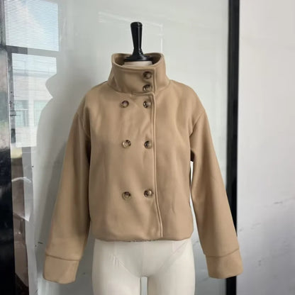 Women’s Short Woolen Coat - Stand Collar Loose Zipper Jacket for Spring Autumn Fashion Outerwear