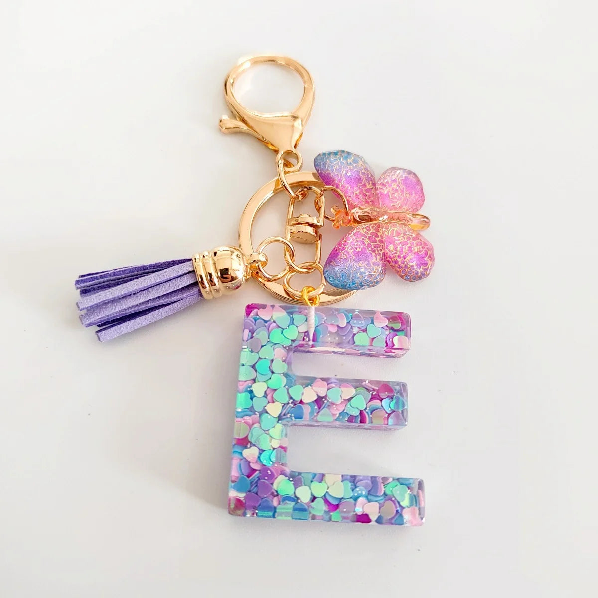 Butterfly Fringe Initial Keychain - Sequin A-Z Letter Bag Charm for Women, Students & Gifts